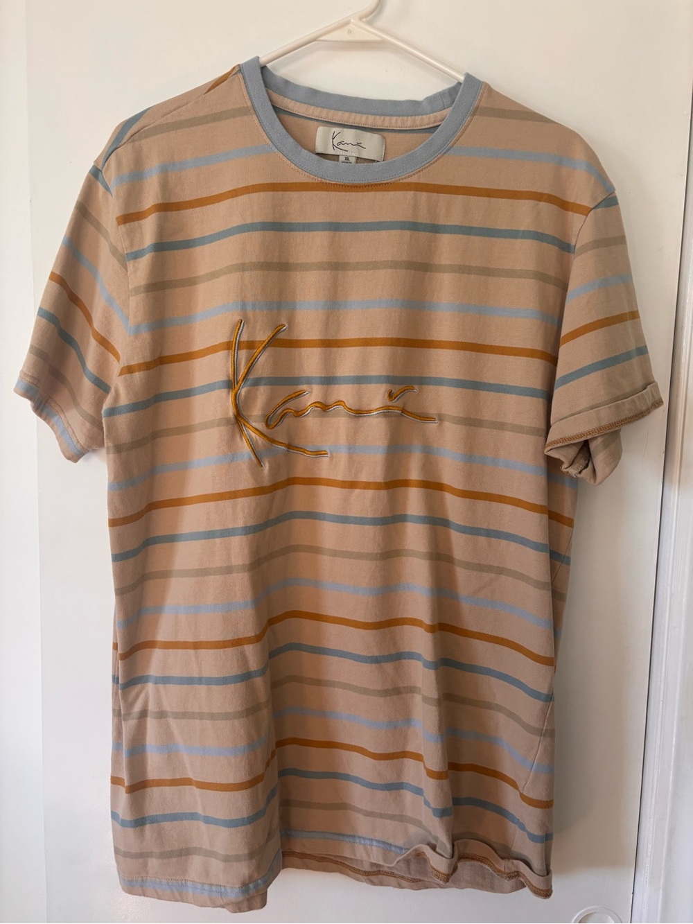 Vintage Karl Kani Men's Beige Striped Short-Sleeve Tee